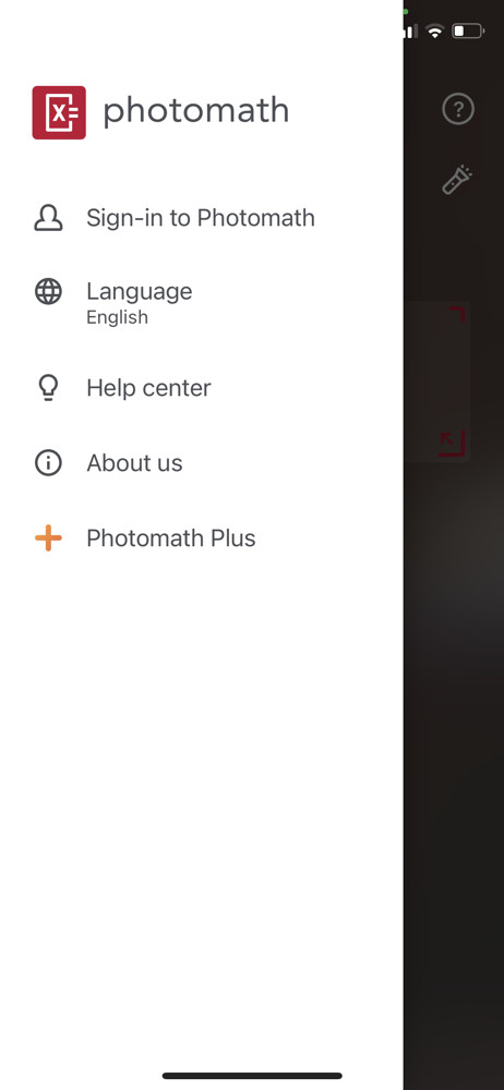 Photomath Navigation menu screenshot