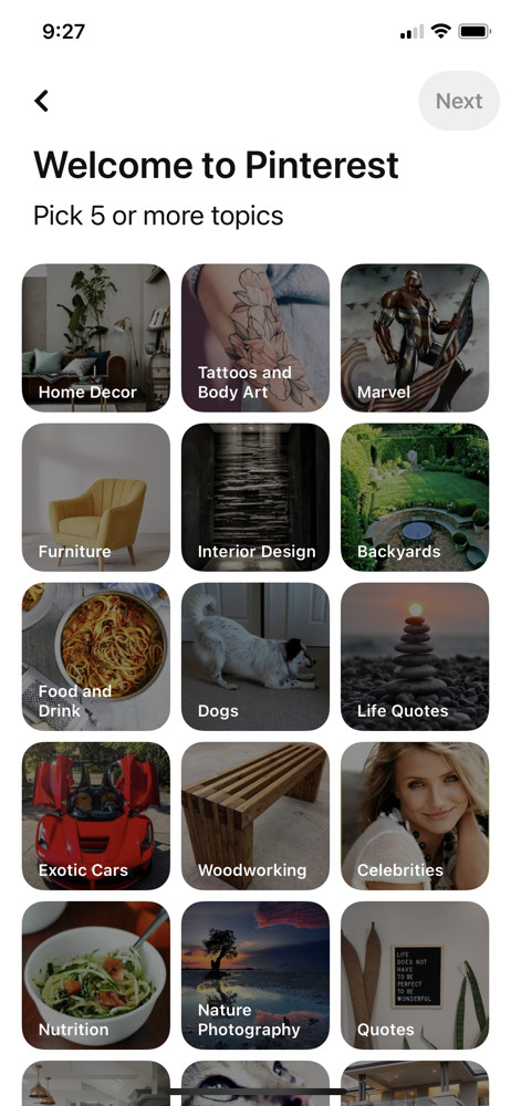 Pinterest Select interests screenshot