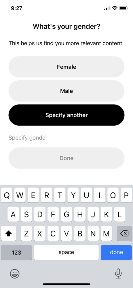 Pinterest Select gender screenshot