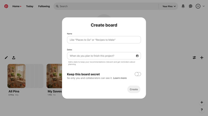 Pinterest Create board screenshot