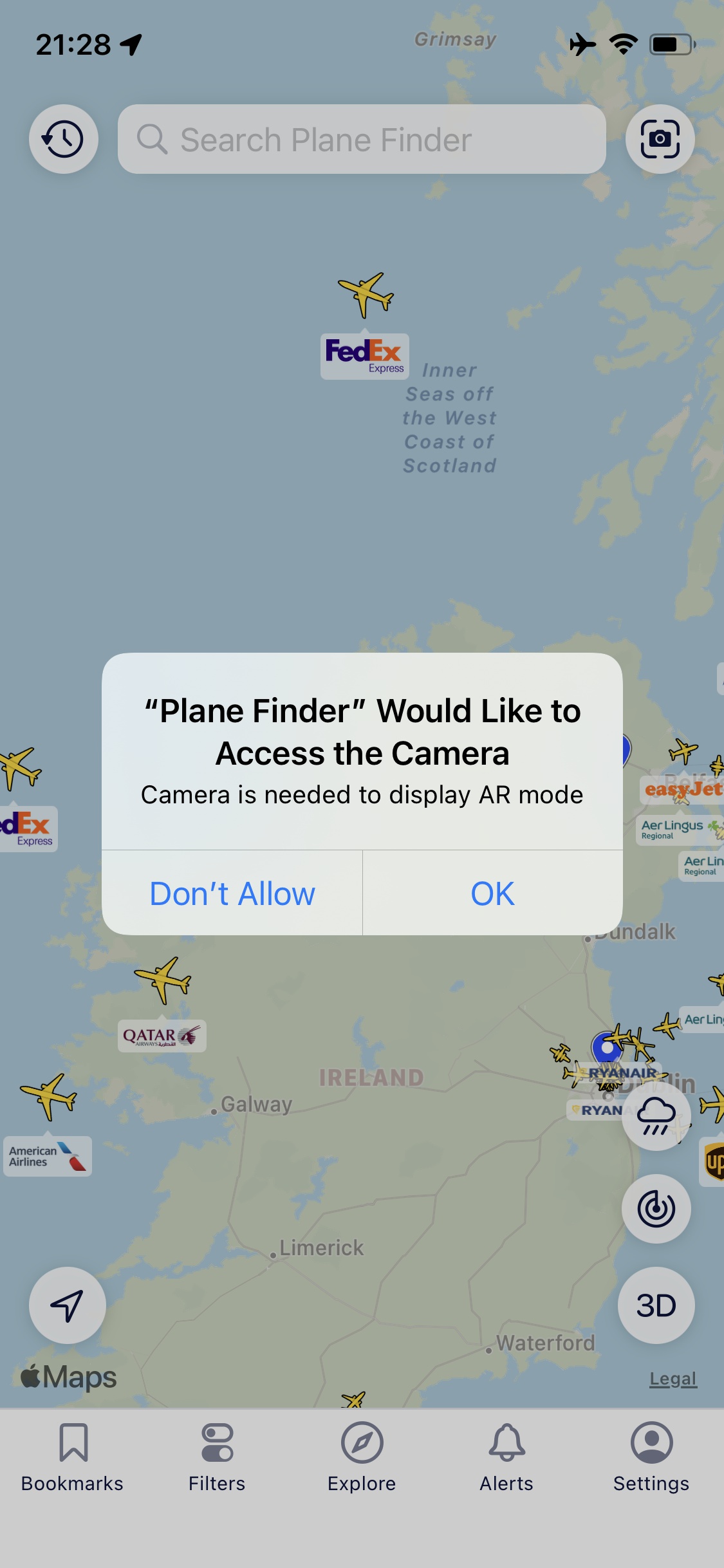 Screenshot of Plane finder - Enable camera