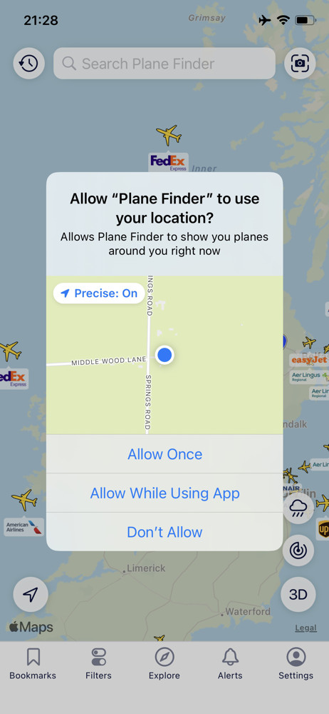 Plane finder Enable location services screenshot