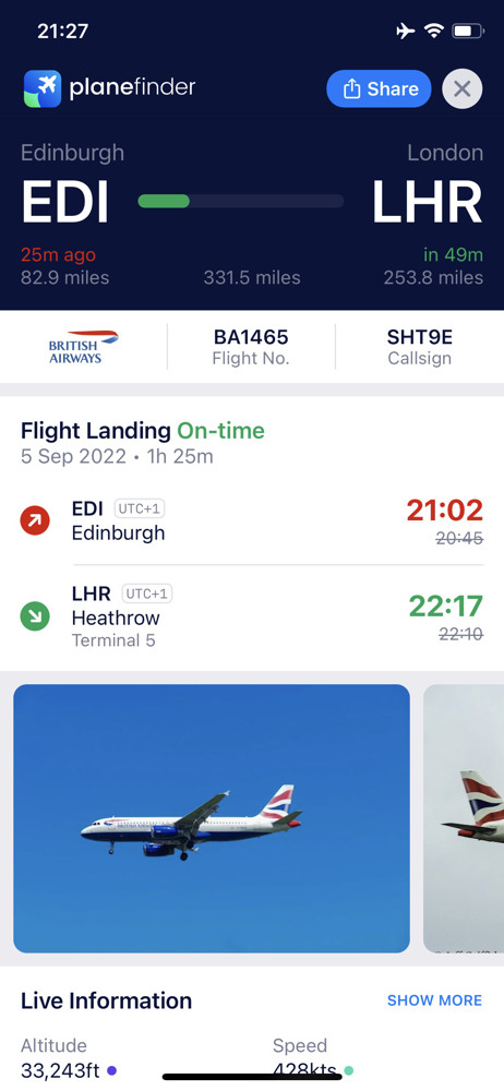 Plane finder Flight details screenshot