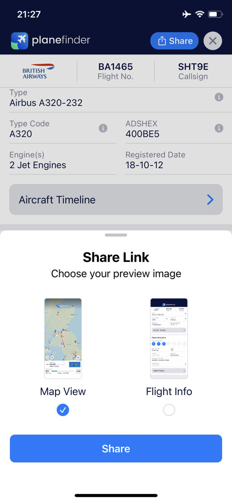 Plane finder Share screenshot