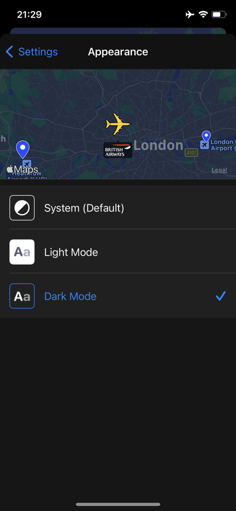 Plane finder Dark mode screenshot