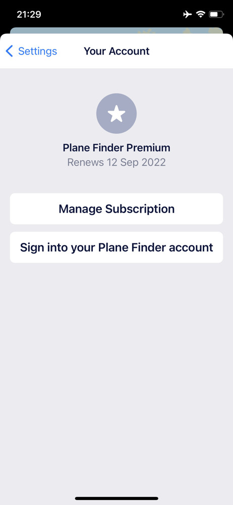 Plane finder Manage subscription screenshot