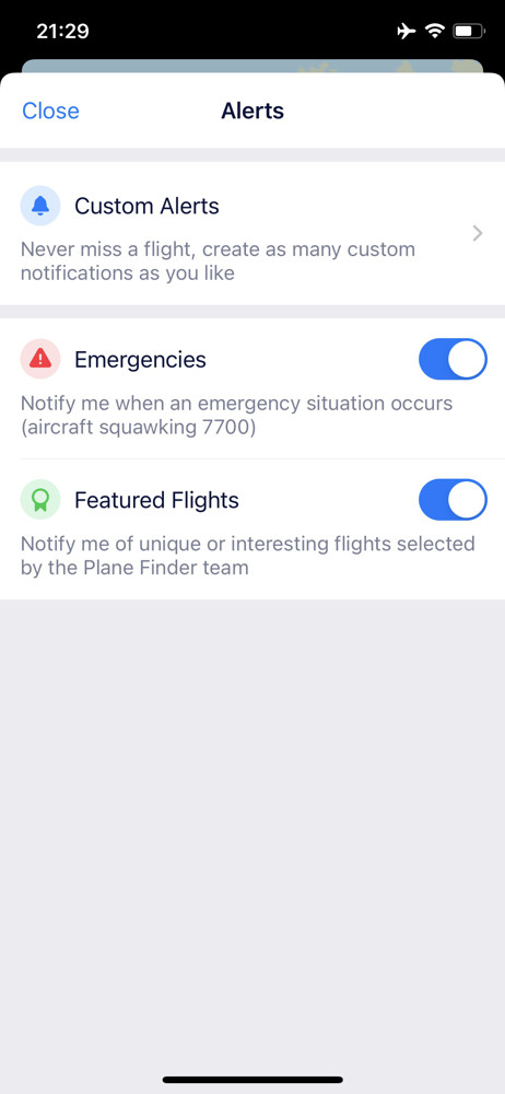 Plane finder Alerts screenshot