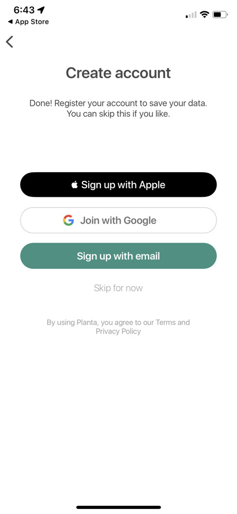 Planta Sign up screenshot