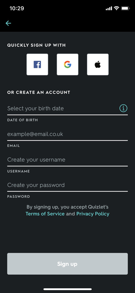 Quizlet Sign up screenshot