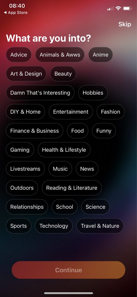 Reddit Select interests screenshot