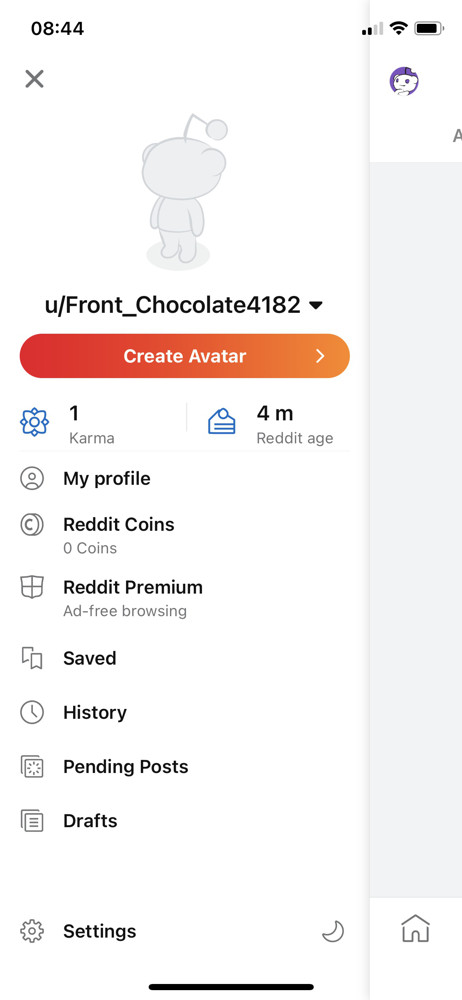 Reddit Navigation menu screenshot