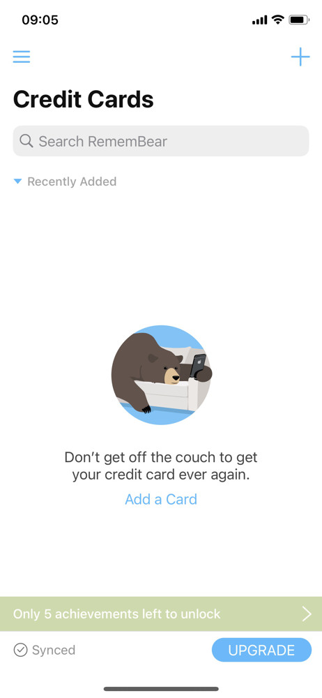Remembear Credit cards screenshot