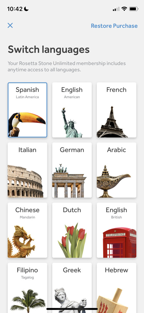 Screenshot from the Rosetta Stone iOS app
