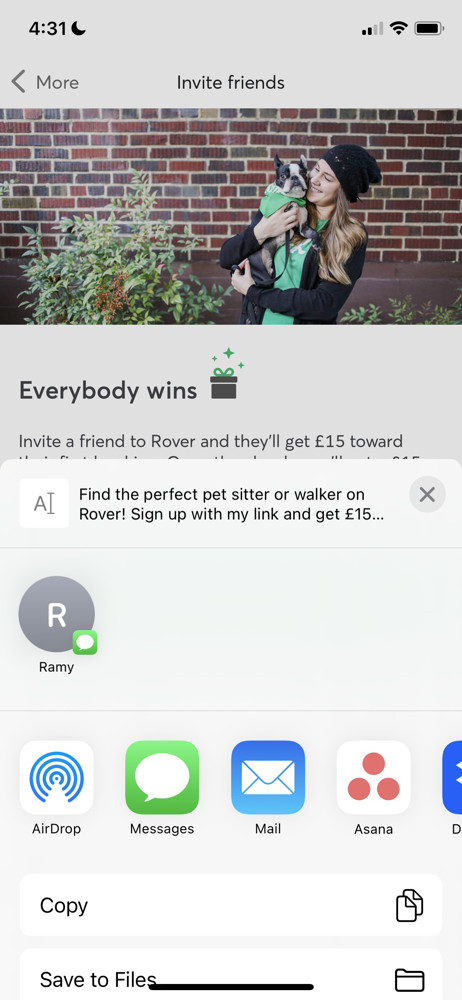 Rover Share sheet screenshot
