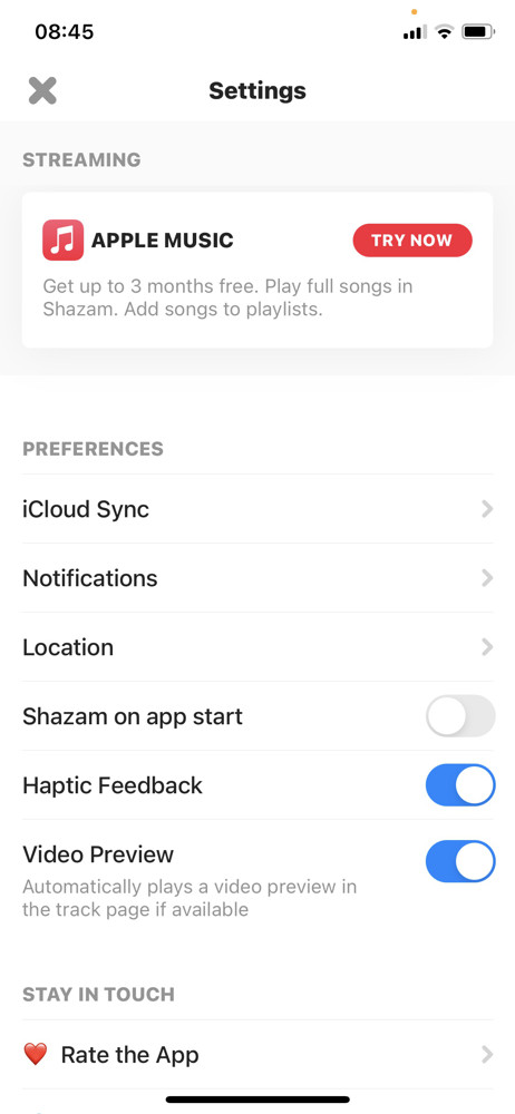 Shazam Settings screenshot