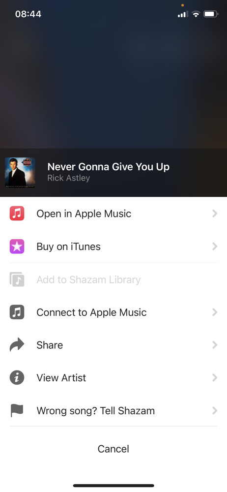Shazam Action menu screenshot