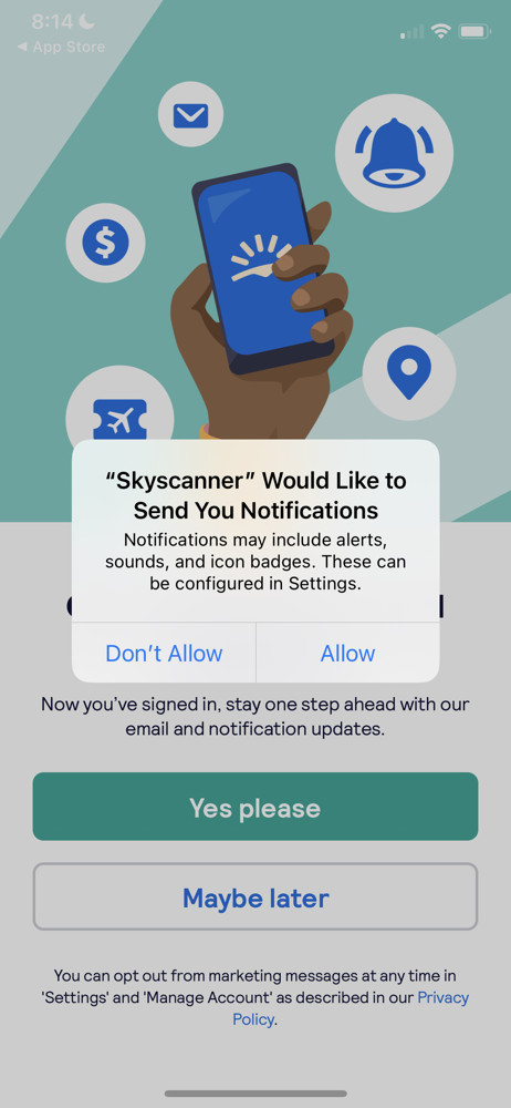 Skyscanner Enable notifications screenshot