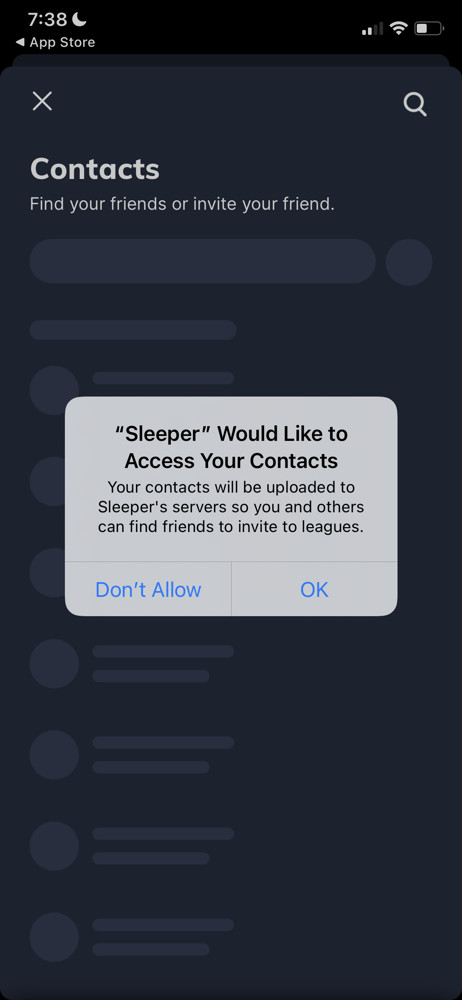 Sleeper Allow contact access screenshot