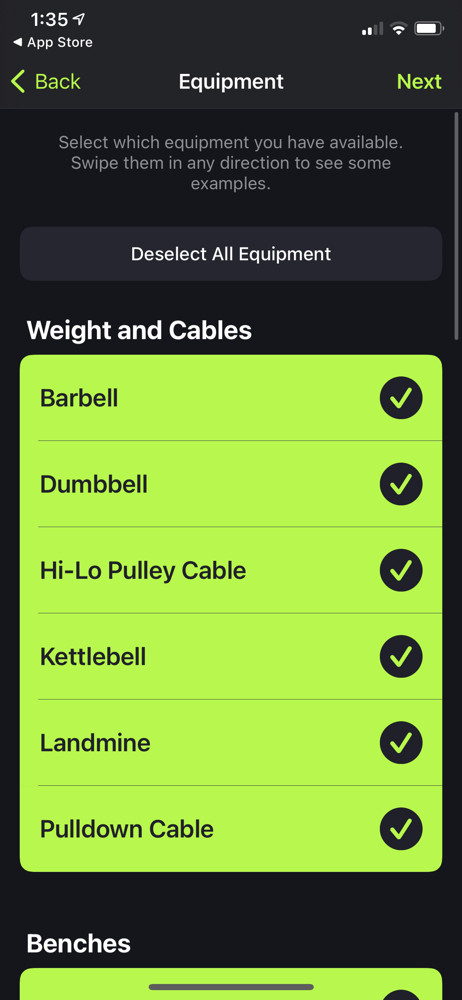 SmartGym Select equipment screenshot