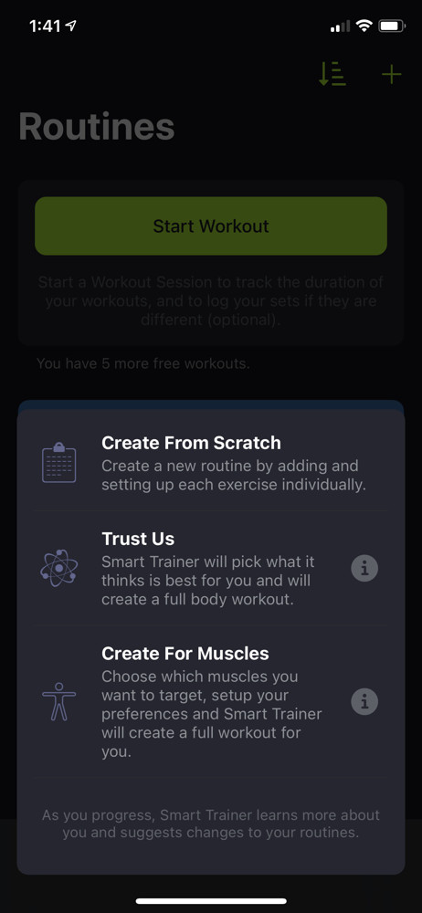 SmartGym Create menu screenshot