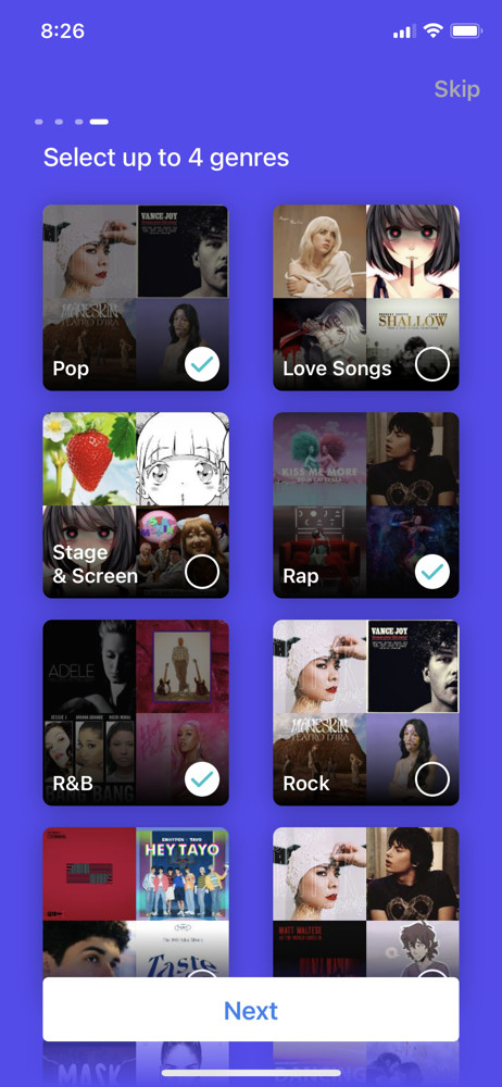 Smule Select genres screenshot