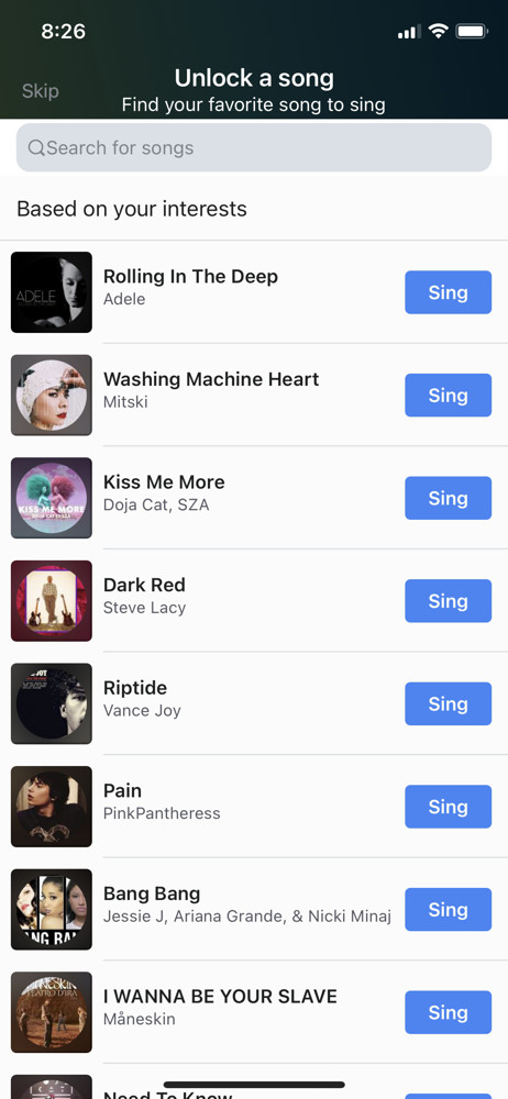 Smule Select a song screenshot