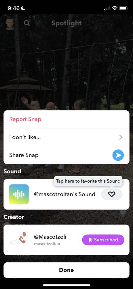 Snapchat Action menu screenshot