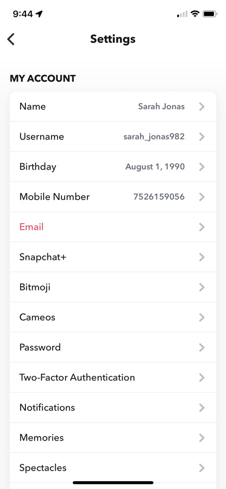 Snapchat Settings screenshot