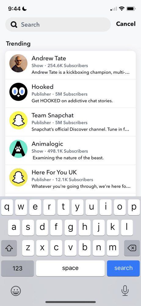 Snapchat Search screenshot