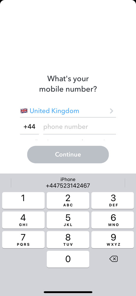 Snapchat Enter phone number screenshot