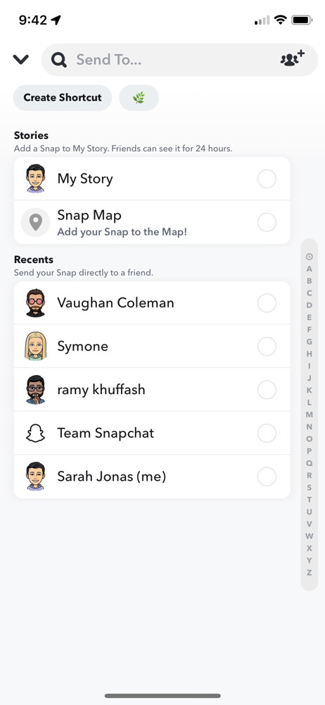 Snapchat Select recipient screenshot