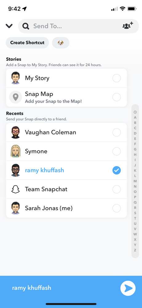 Snapchat Select recipient screenshot