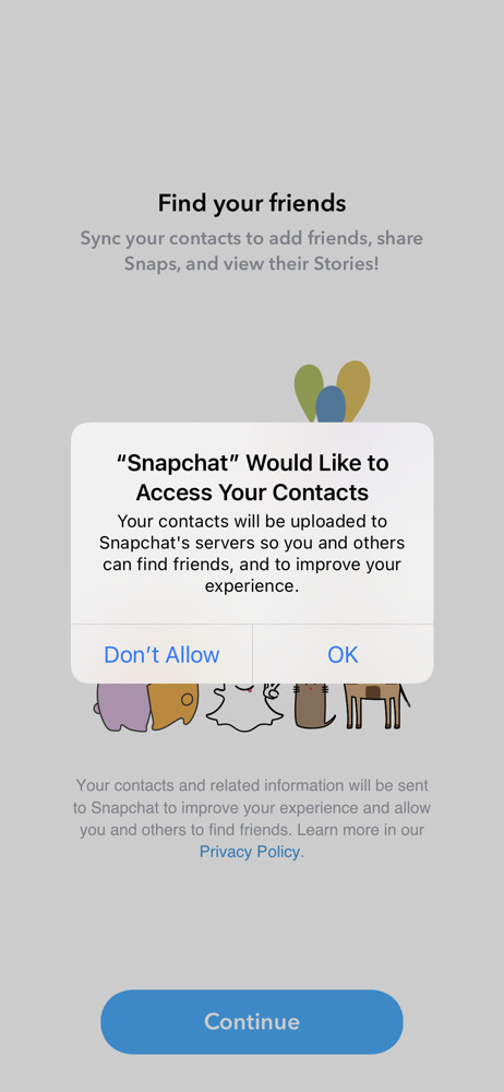 Snapchat Allow contact access screenshot