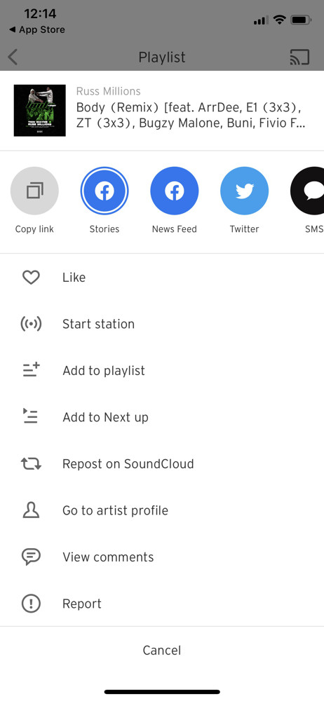 SoundCloud Action menu screenshot