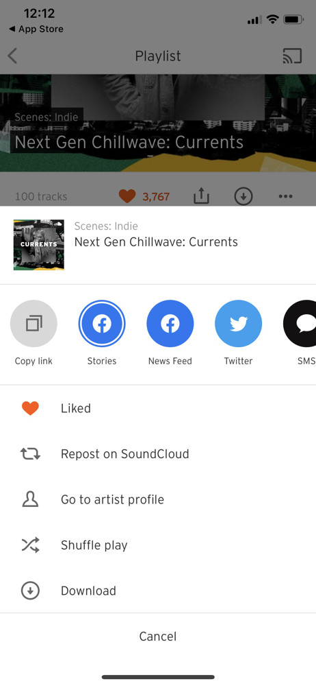 SoundCloud Action menu screenshot