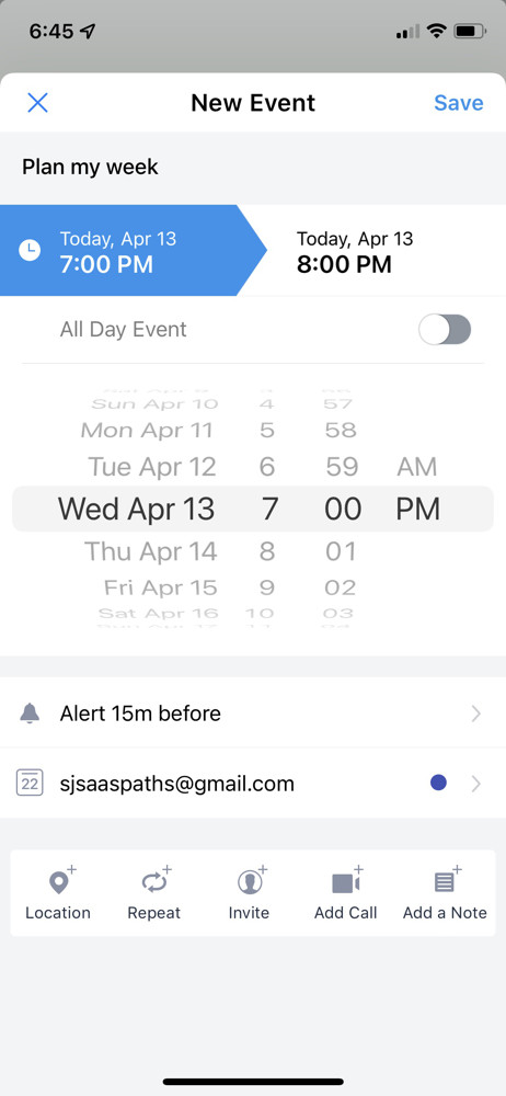 Spark Create event screenshot
