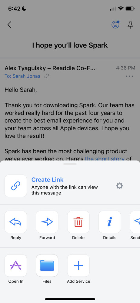 Spark Action menu screenshot