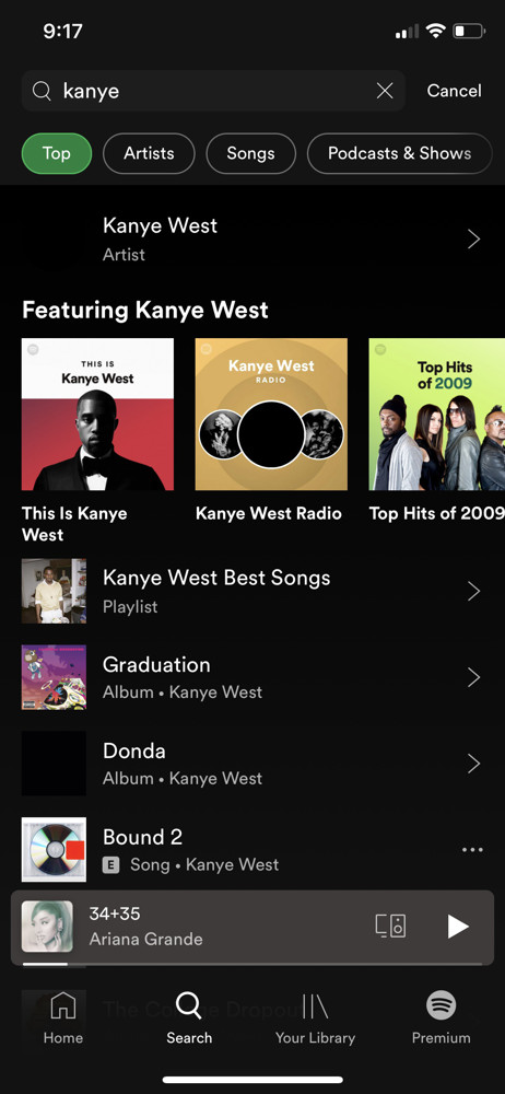 Spotify Search results screenshot