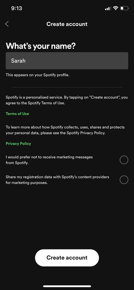 Spotify Enter name screenshot