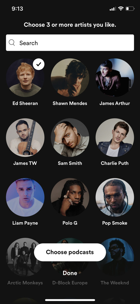 Spotify Select interests screenshot