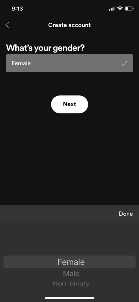 Spotify Select gender screenshot