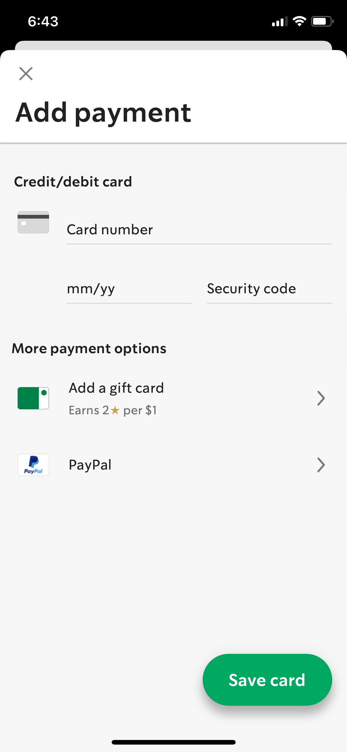 Screenshot of Starbucks - Enter payment details