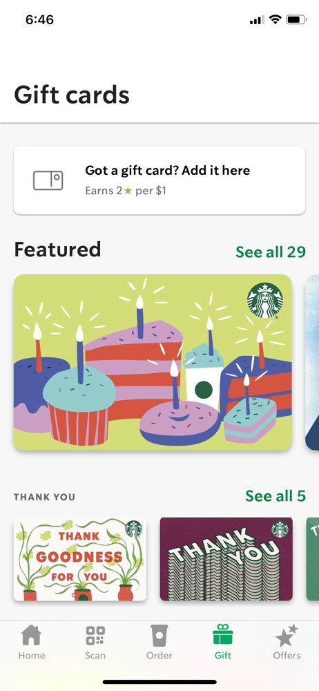 Starbucks Gift cards screenshot
