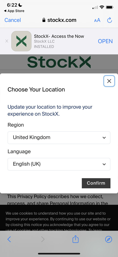 StockX Select location screenshot