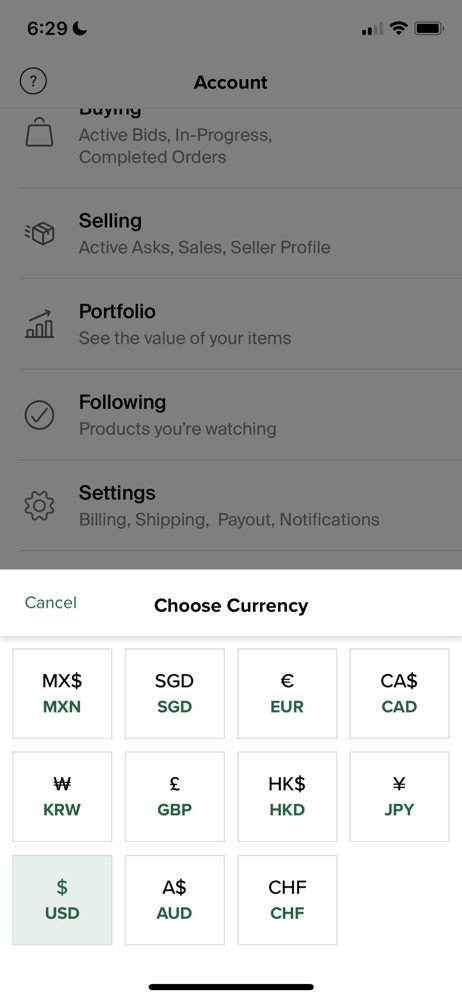 StockX Select currency screenshot