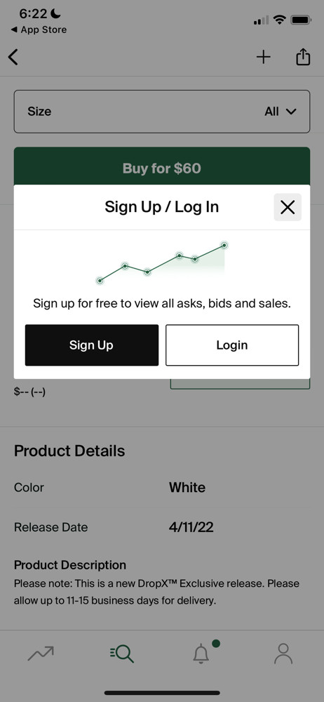 StockX Sign up prompt screenshot