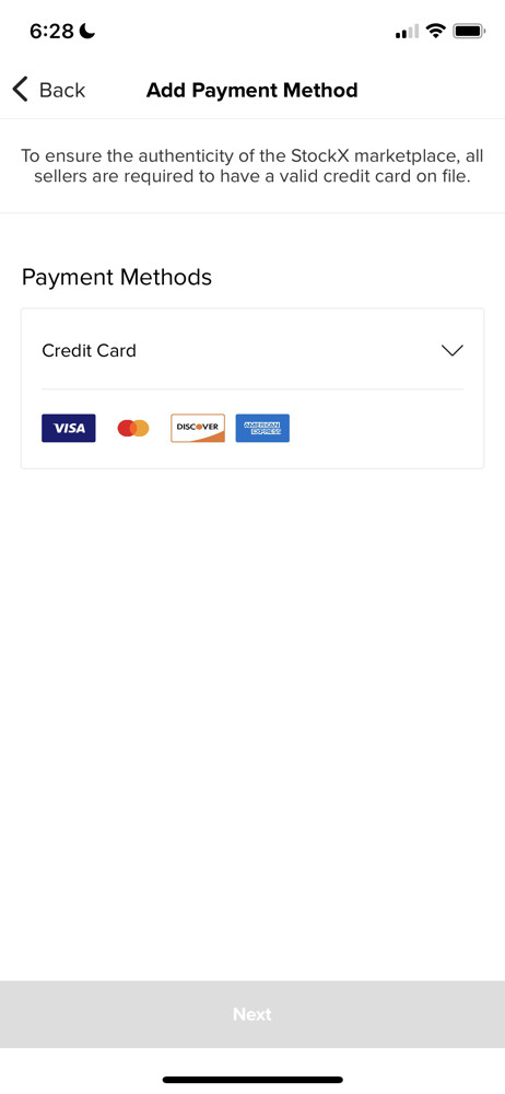 StockX Add payment method screenshot