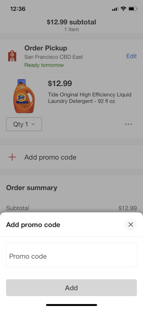 Target Add promo code screenshot