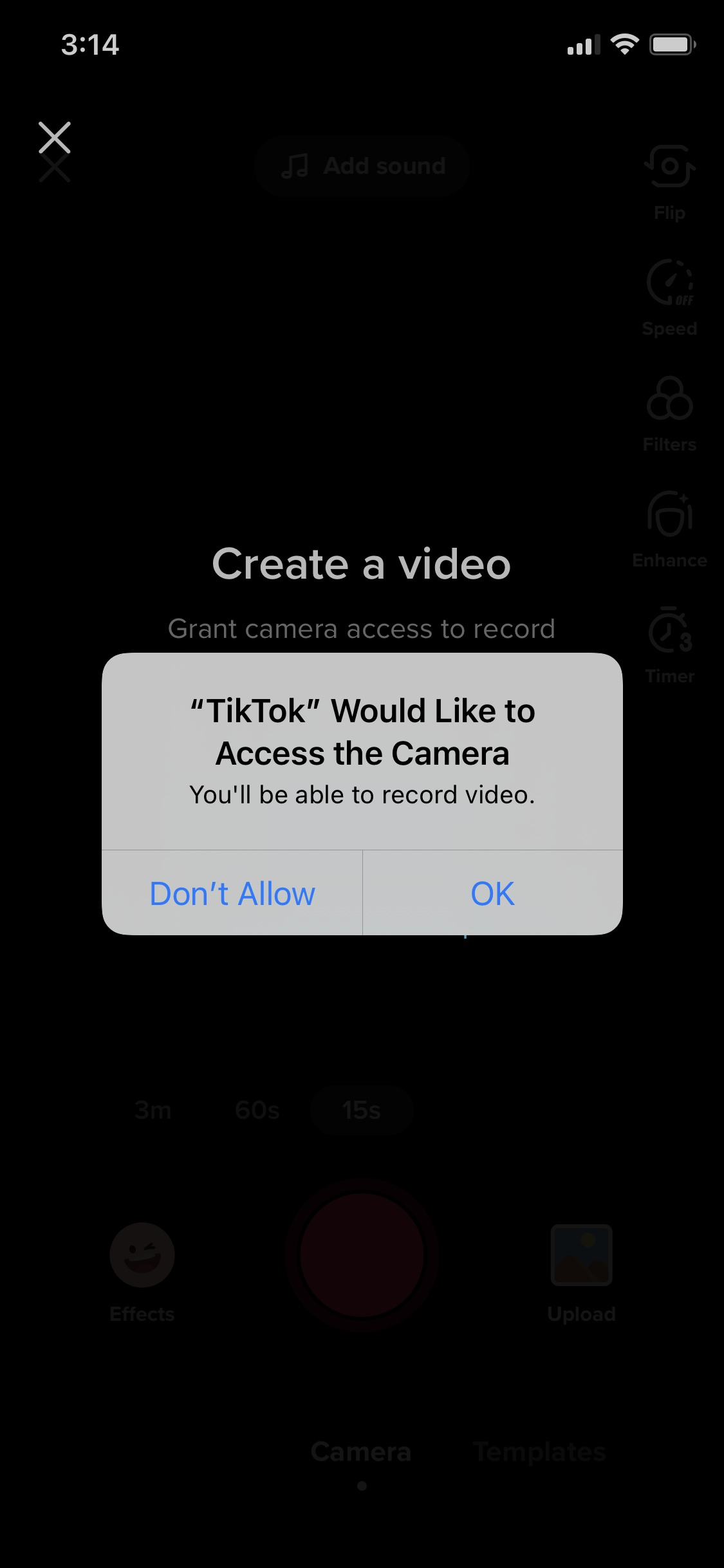 Screenshot of TikTok - Enable camera