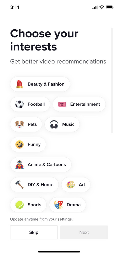 TikTok Select interests screenshot